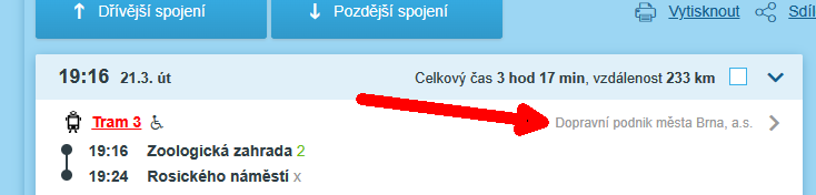 dopravce ve výpisu spojení v IDOSu